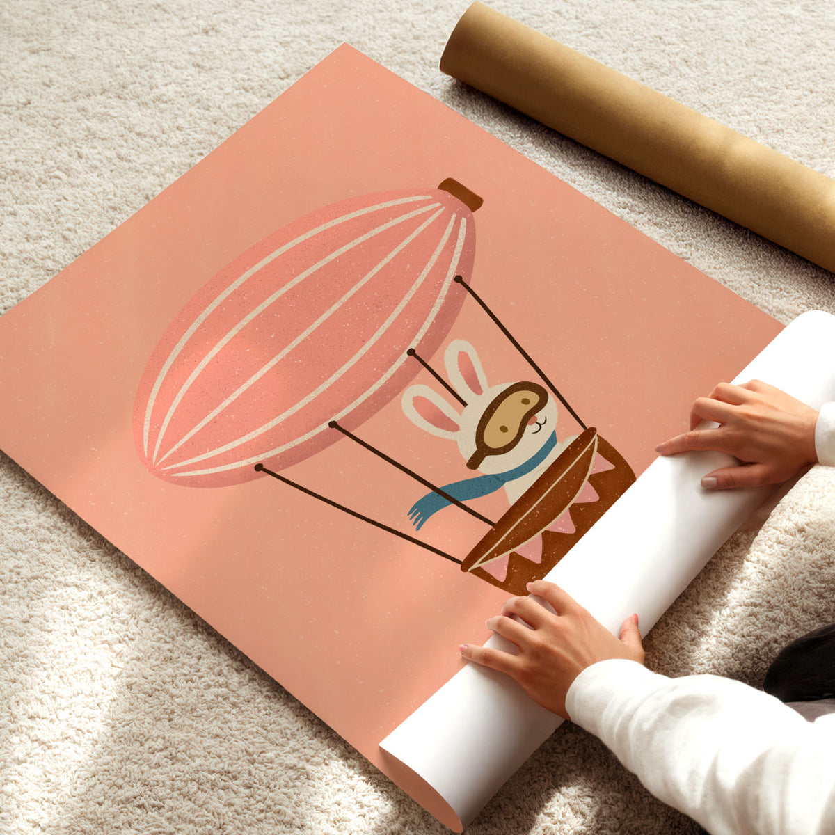 Flying bunny hot air balloon wall art for a nursery, kids bedroom or imaginative playroom.