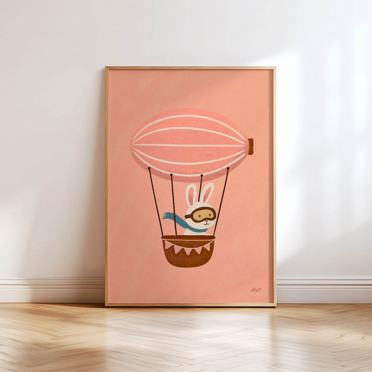 Hand-drawn bunny aviation illustration in coral pink, cream, blue and brown tones.