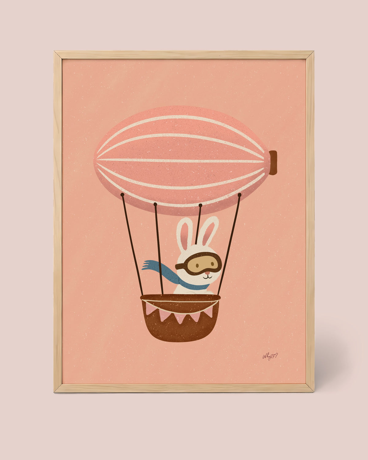 Bunny Hot Air Balloon Poster framed in a natural wood frame