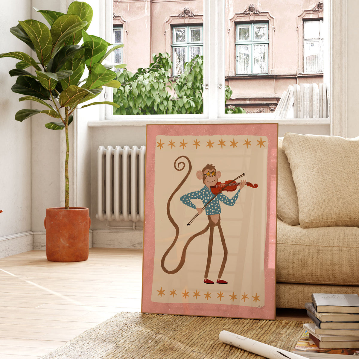 Playful animal music illustration featuring a violin-playing monkey surrounded by hand-drawn orange stars.