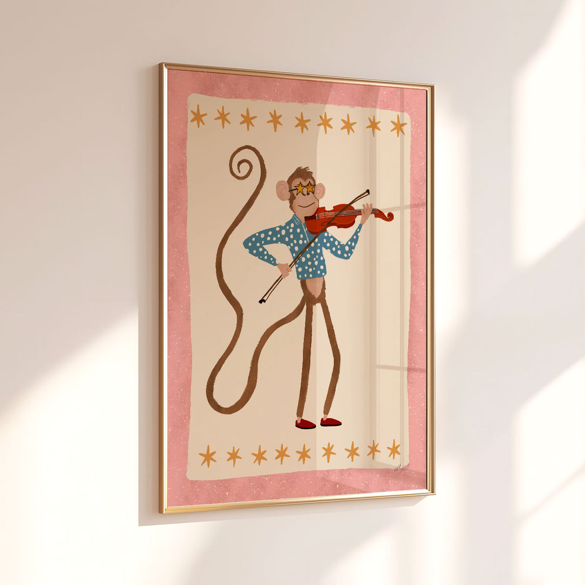 Monkey playing violin poster in pink, cream and blue for a kids bedroom, playroom or music space.