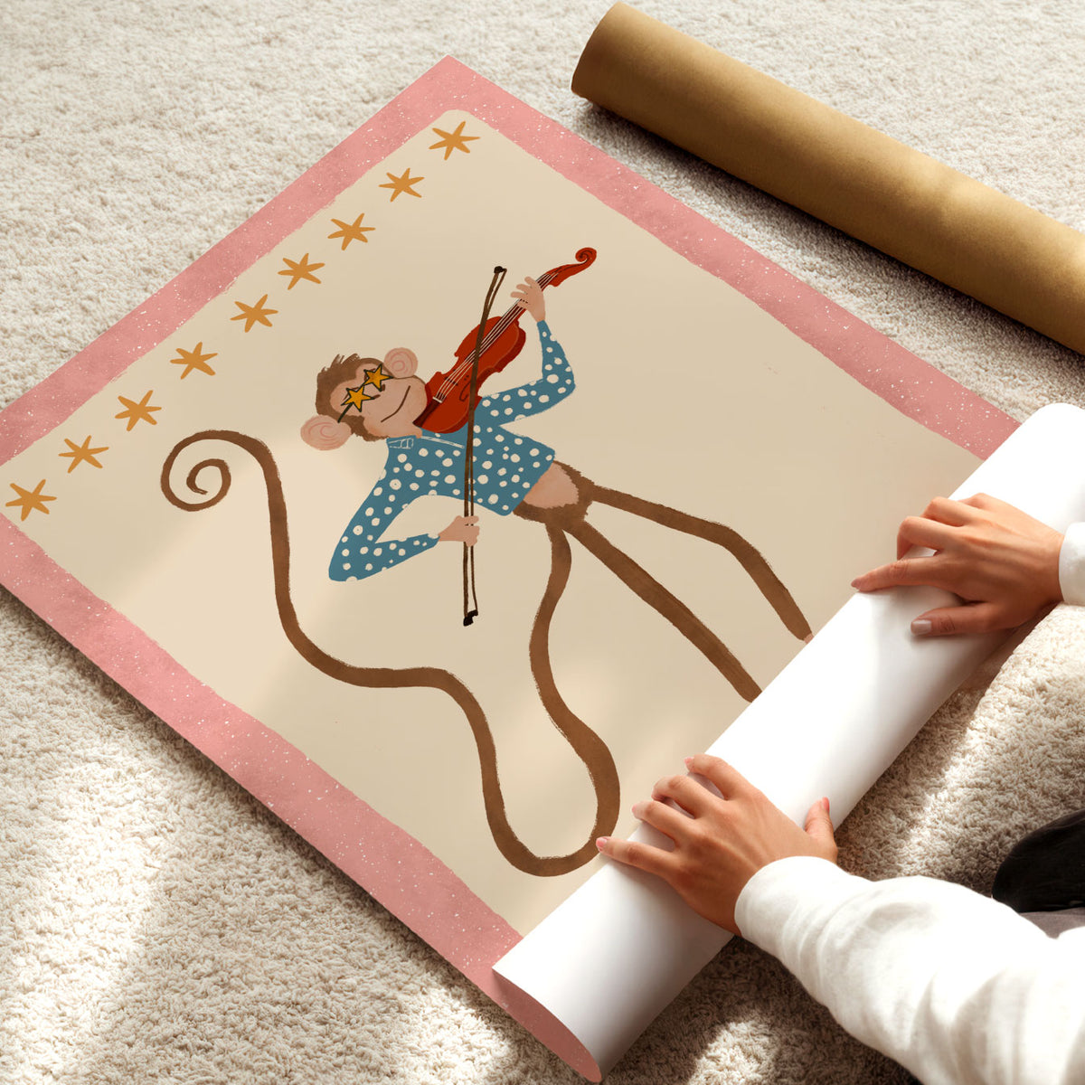 Music wall art for kids featuring a monkey violinist in a blue shirt, star glasses and red shoes.