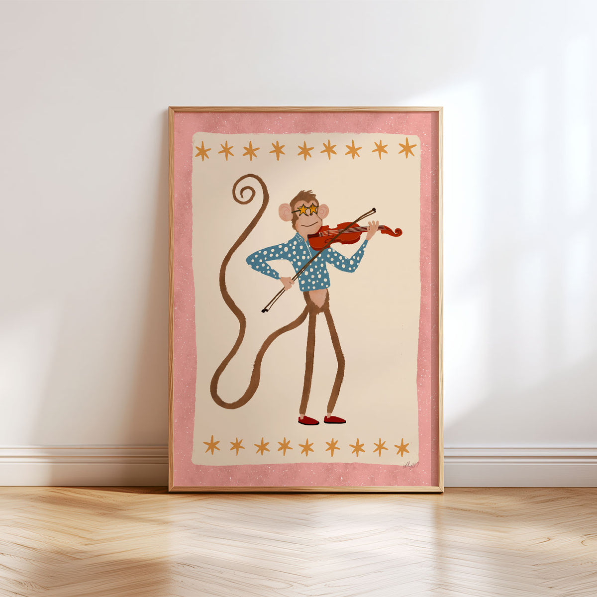 Violin monkey poster with a playful long-tailed musician surrounded by orange stars and a soft pink border.