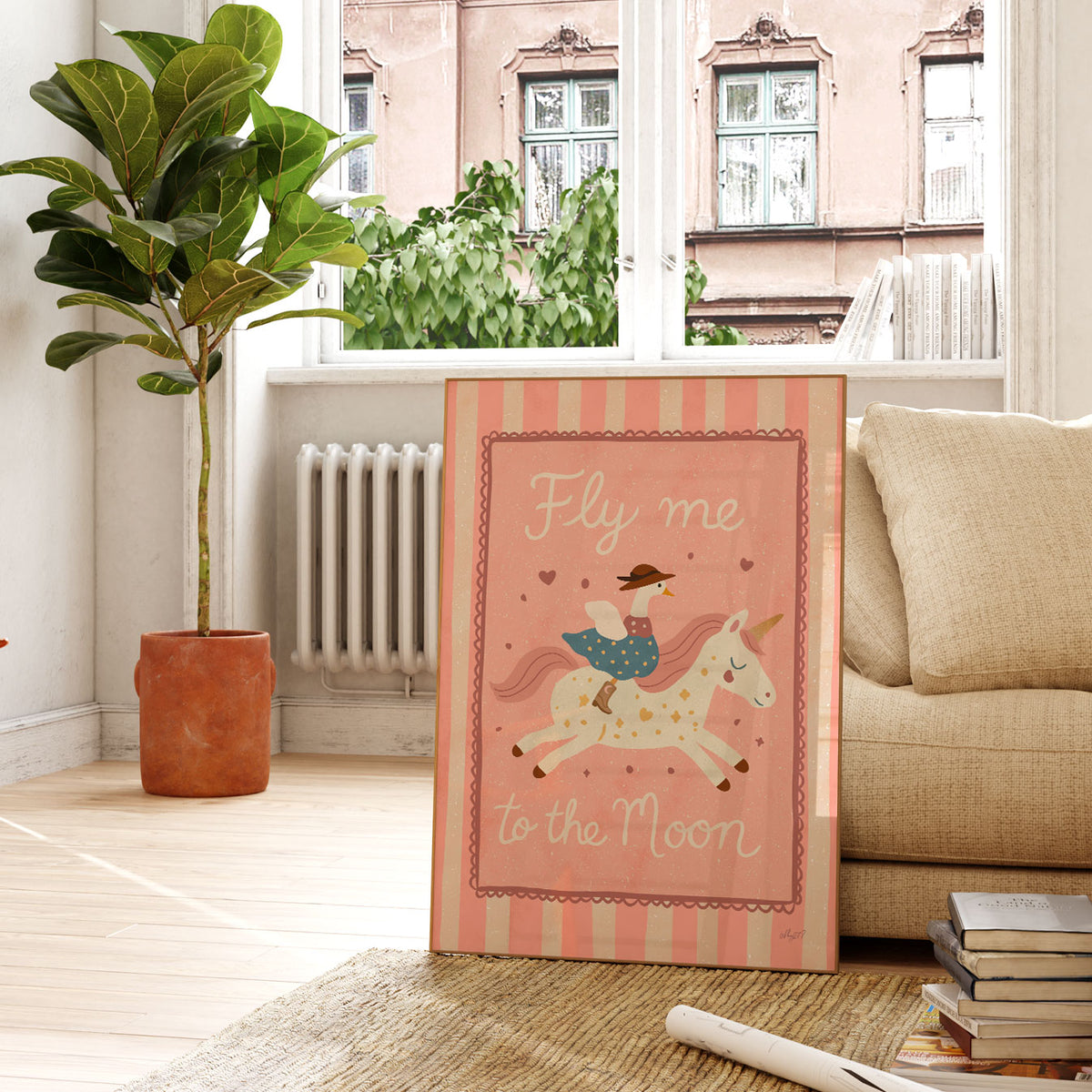 Whimsical flying unicorn wall art for a kids bedroom, nursery or imaginative playroom.