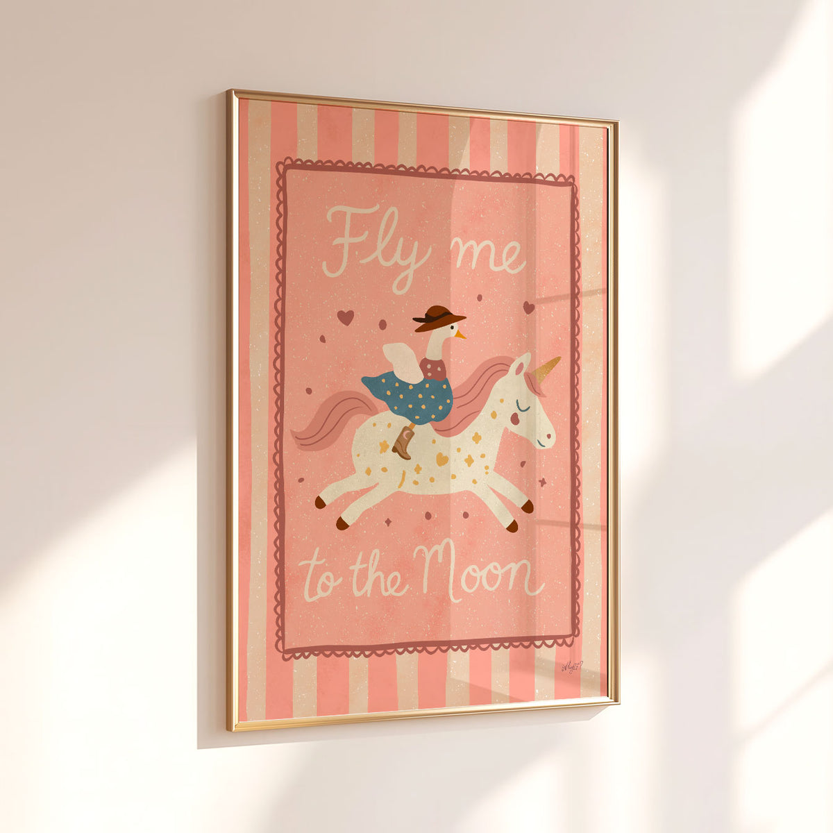 Hand-drawn Fly Me to the Moon poster with a white unicorn, pink mane and little adventurer on its back.