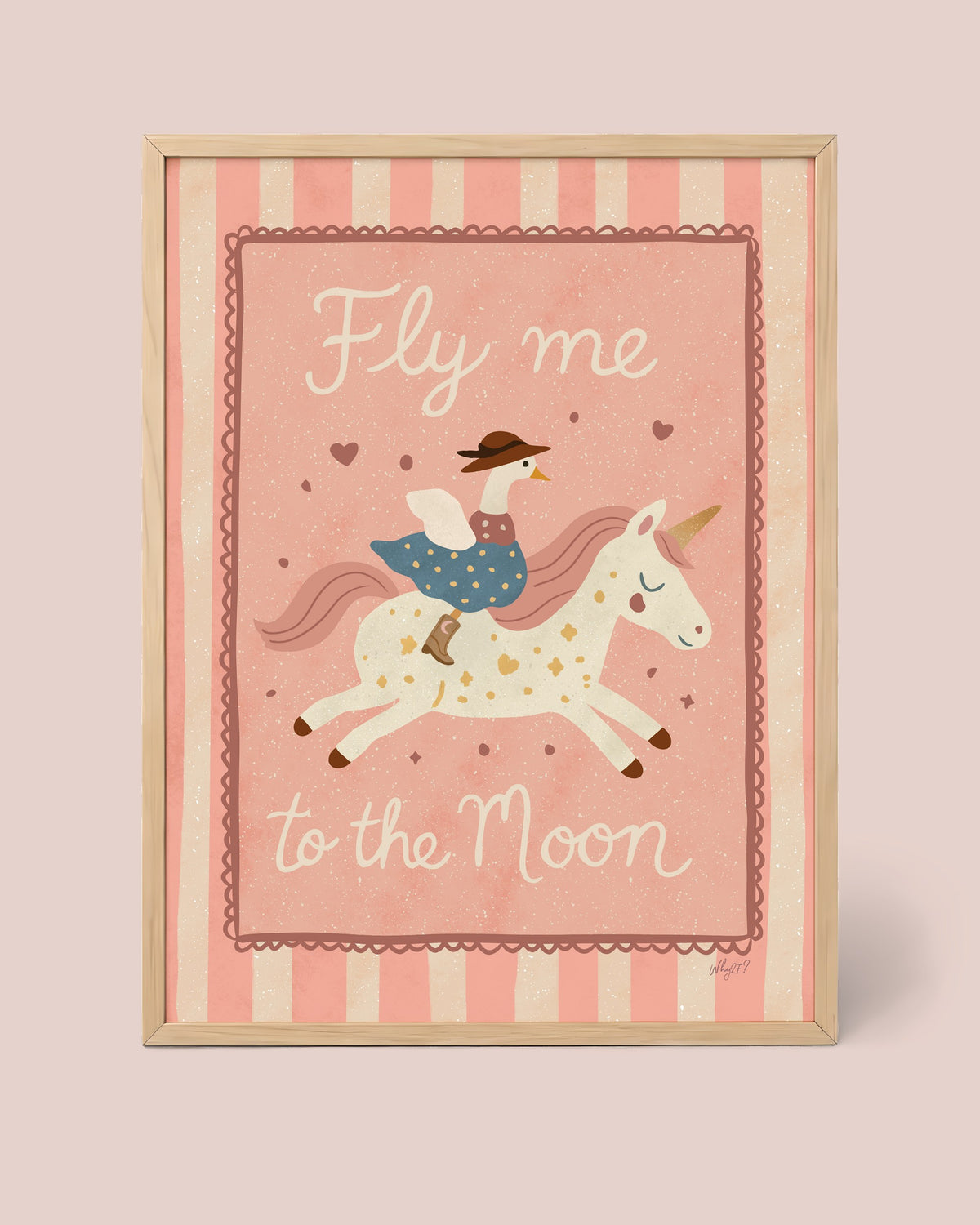 Fly Me to the Moon Unicorn Poster framed in a natural wood frame