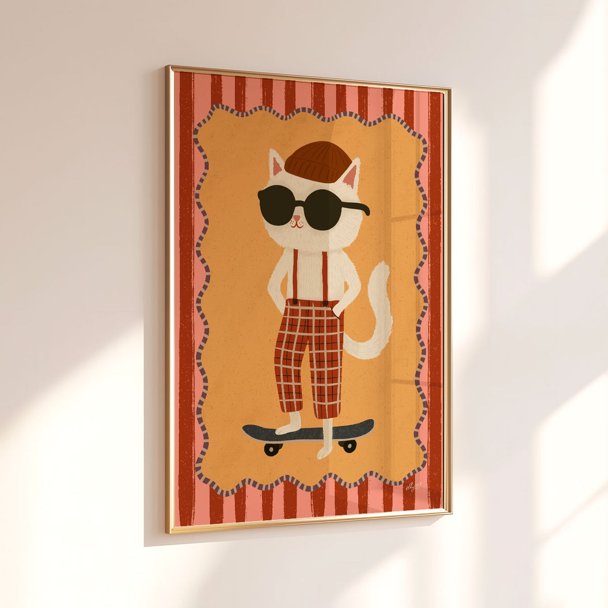 Skateboarding cat poster for a kids bedroom or playroom featuring a cool cat in sunglasses and checked trousers.