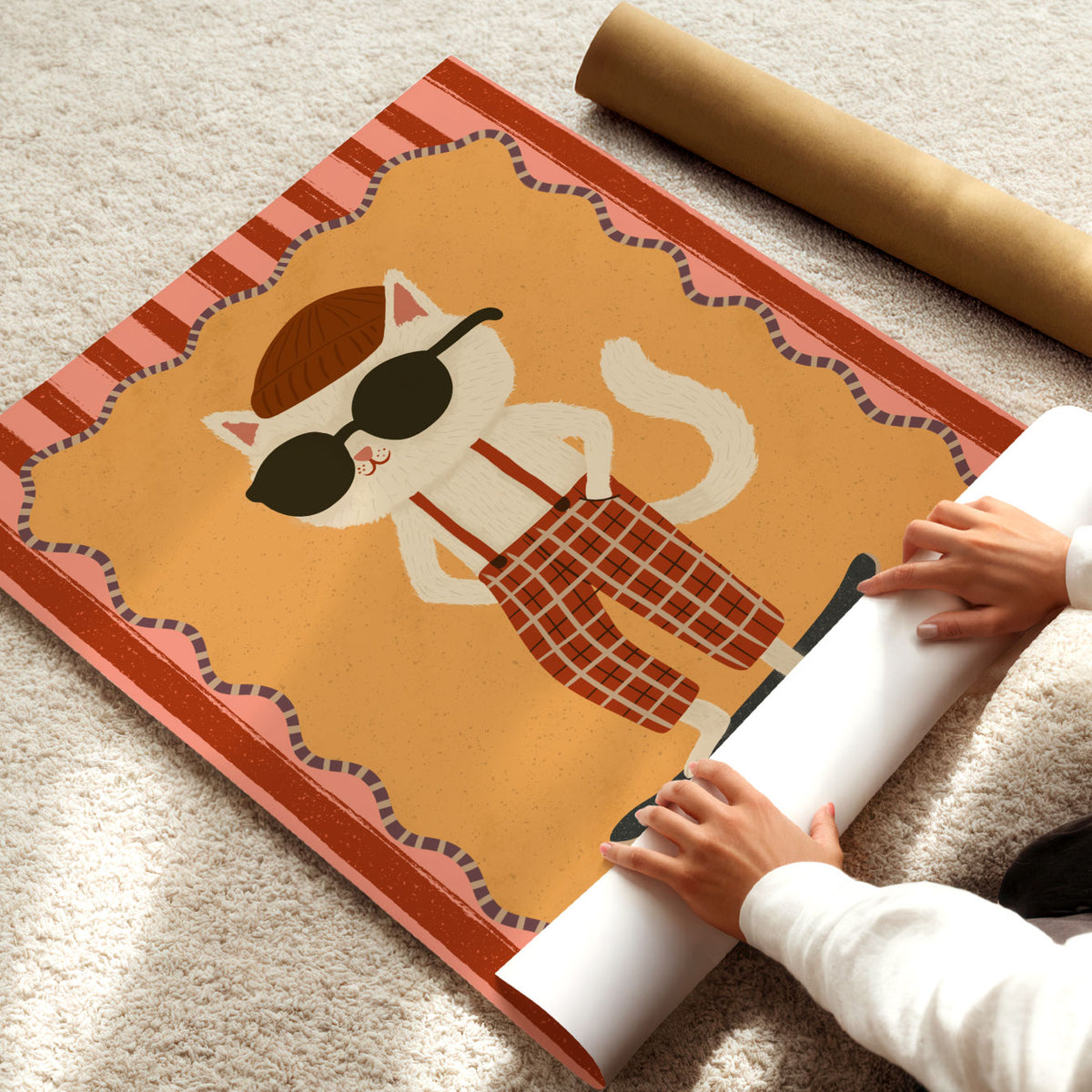 Cool skater cat poster featuring a stylish white cat riding a black skateboard against a warm orange background.