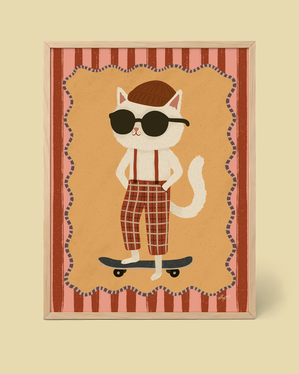 Retro Skater Cat Poster framed in a natural wood frame