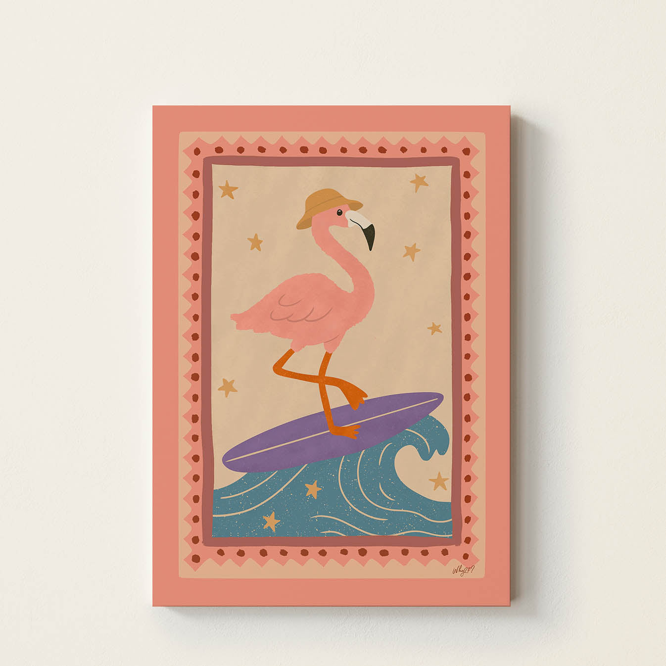 Hand-drawn pink flamingo balancing on a surfboard above ocean waves, playful coastal kids wall art poster for nursery, bedroom, and playroom decor.