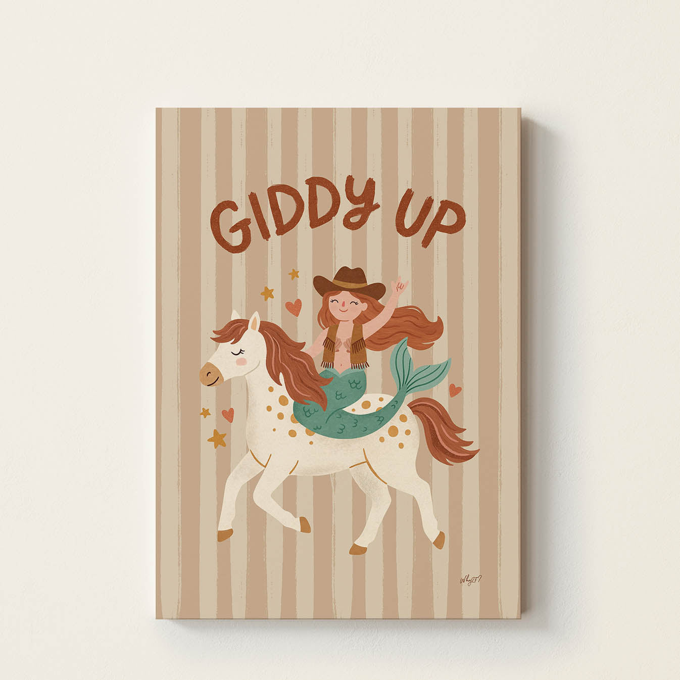 Hand-drawn mermaid dressed as a cowgirl riding a white pony beneath the words "Giddy Up", whimsical western-inspired kids wall art for nurseries, bedrooms, playrooms, and reading corners.