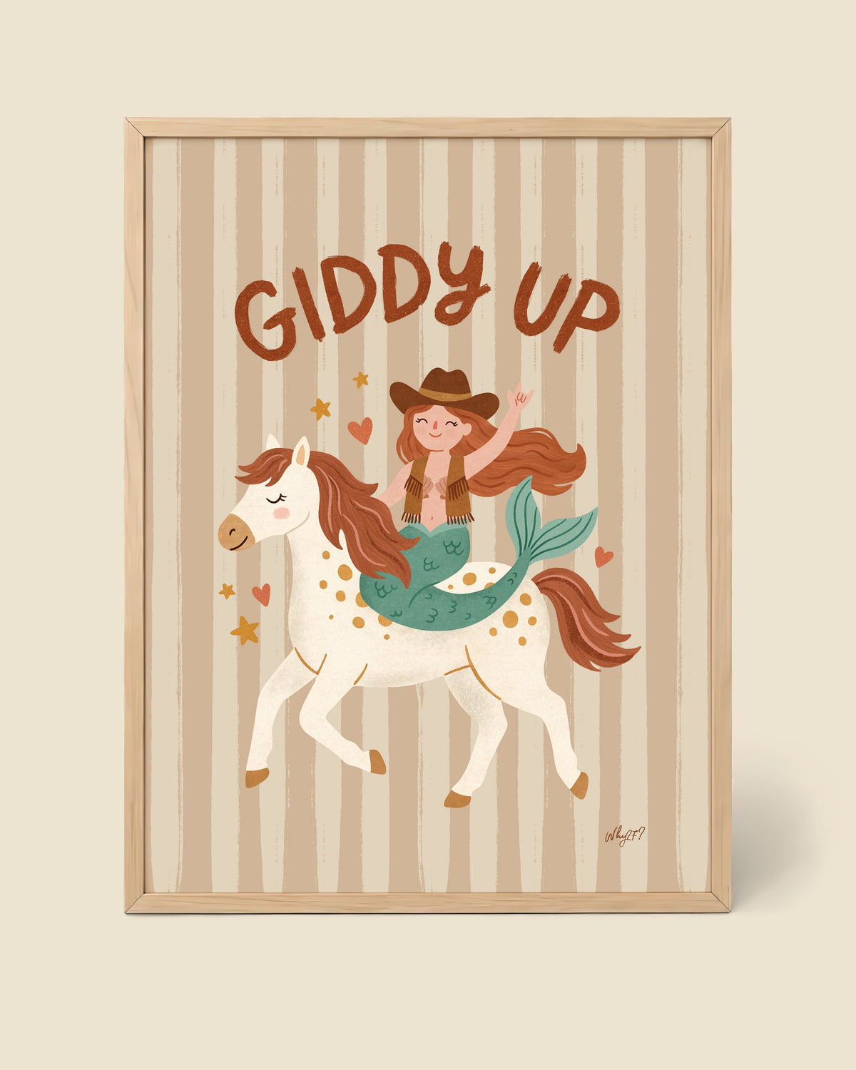 Mermaid Cowgirl Poster framed in a natural wood frame