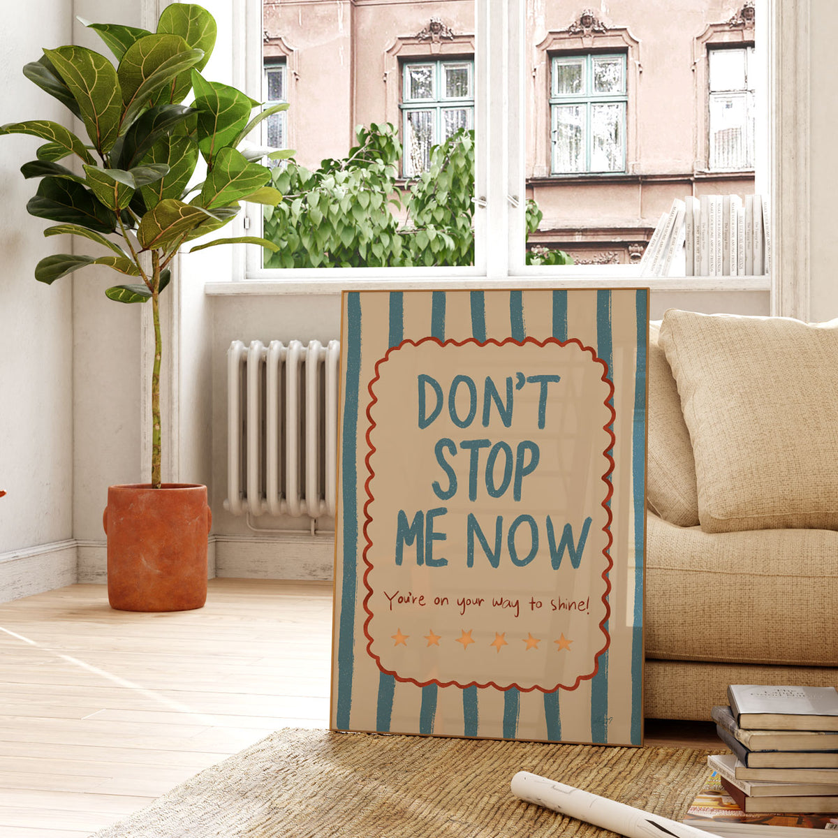 Don’t Stop Me Now motivational print for a kids bedroom or playroom with hand-drawn lettering and striped border.