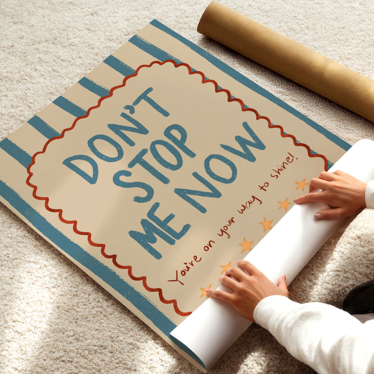 Hand-drawn positive quote poster encouraging kids to keep going and shine, with playful vintage-style typography.