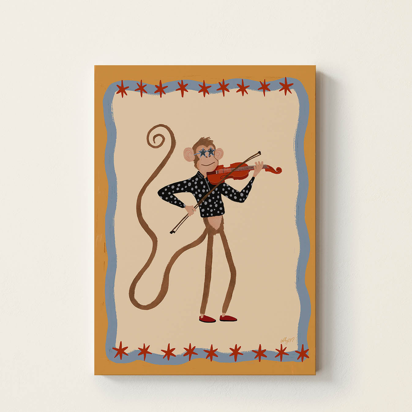 Hand-drawn monkey wearing star-shaped glasses while playing a violin, framed with a vintage-inspired border, retro kids wall art for nurseries, bedrooms, playrooms, and music rooms.
