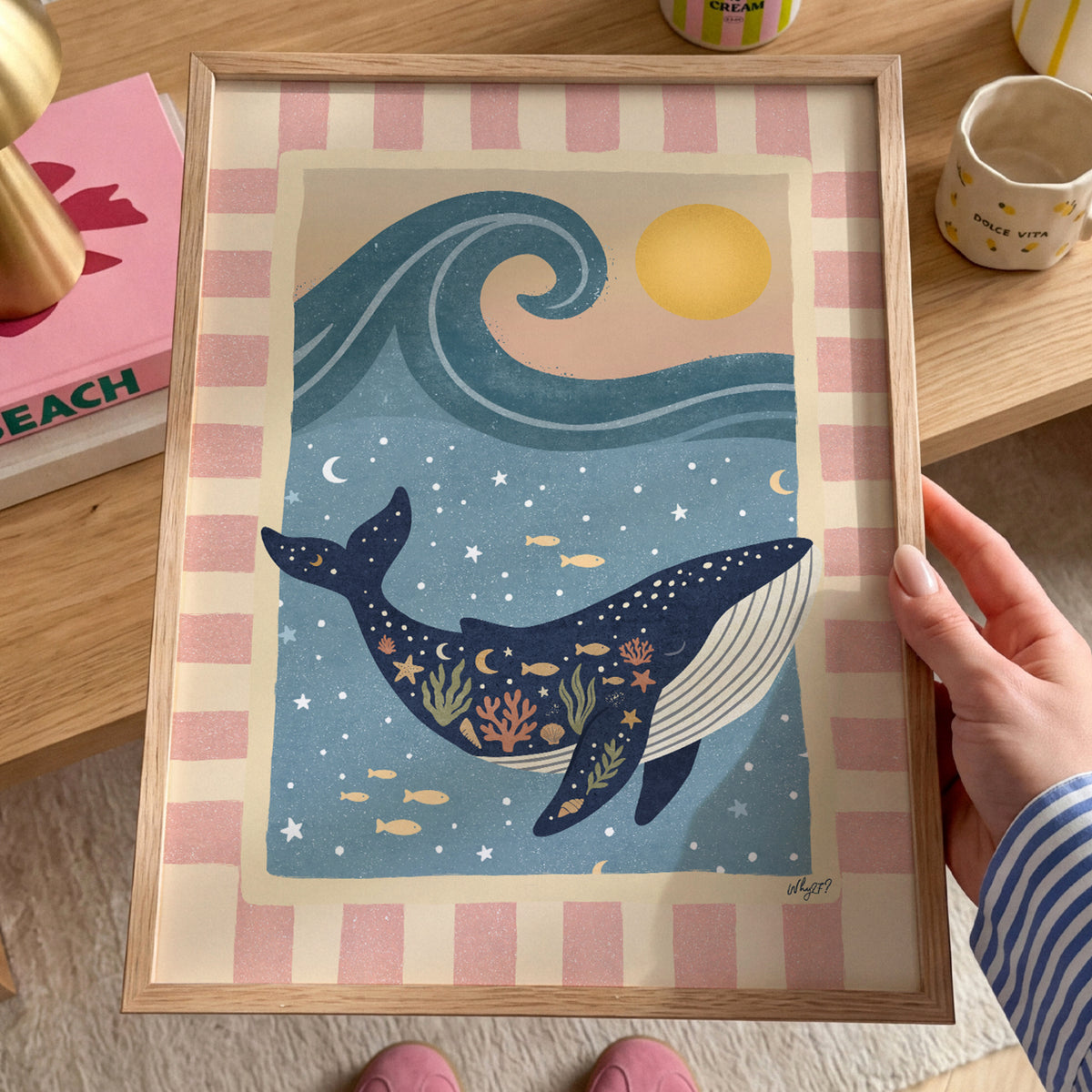 Hand-drawn whale poster with fish and coral, nursery wall art by Why27