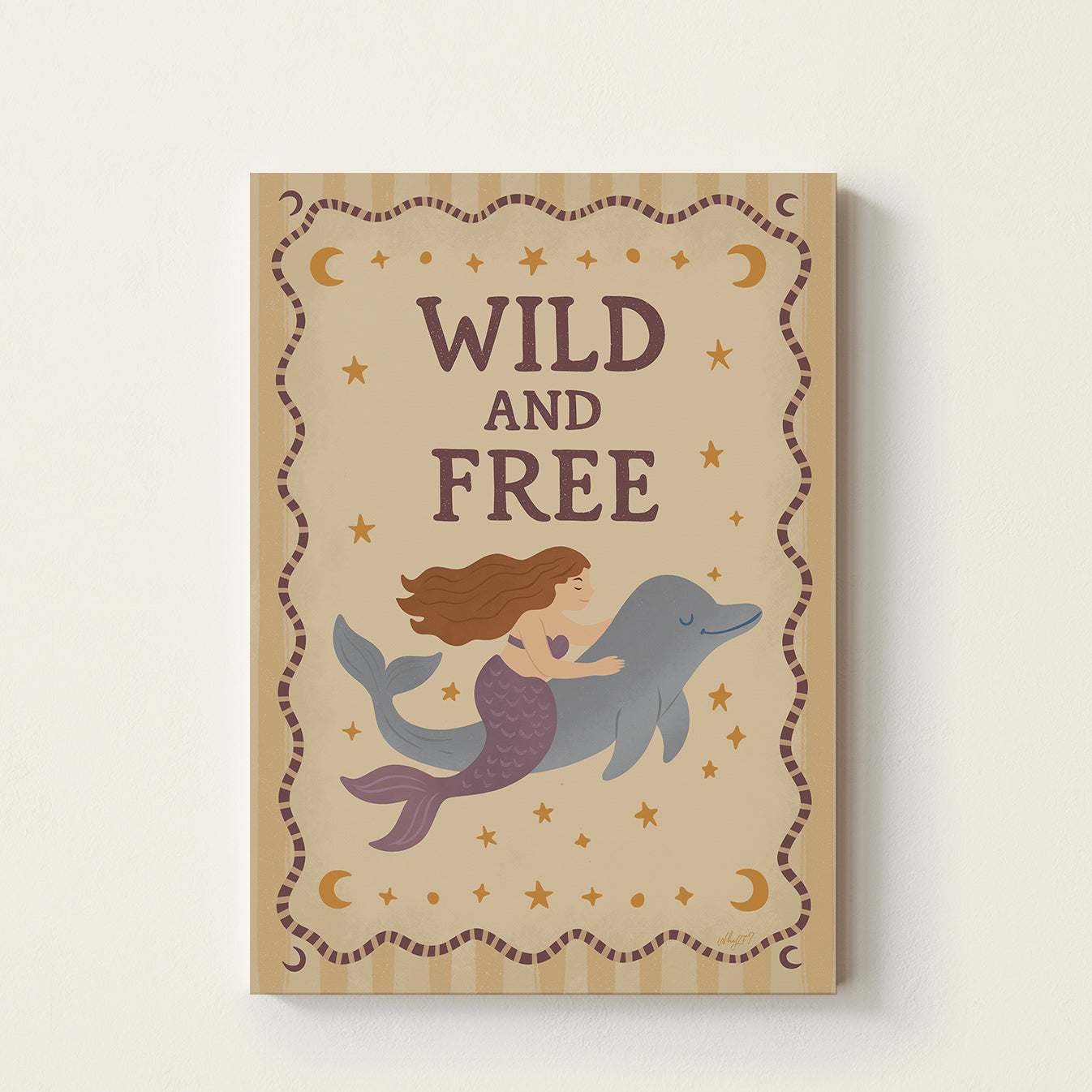 Wild and Free mermaid poster featuring a mermaid swimming with a dolphin surrounded by stars and moons on a warm neutral background.